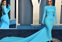 Kim Kardashian theksoi linjat e trupit në fustanin e kaltër dhe të ngushtë, në pas-ndejën e “Oscars 2022”